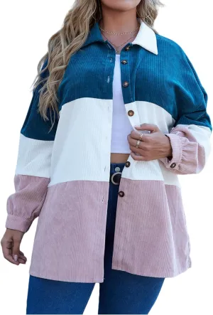Corduroy Shirt for Women Plus Size Striped Button Down Blouse, Casual Color Block Long Shacket for Stylish Outfits