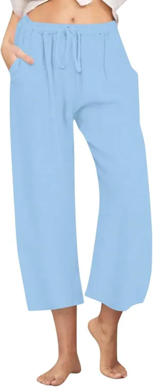 Cotton Linen Capri Pants for Women Wide Leg Cropped Pant Lounge Trouser Elastic Waist Summer Beach Vacation Outfits
