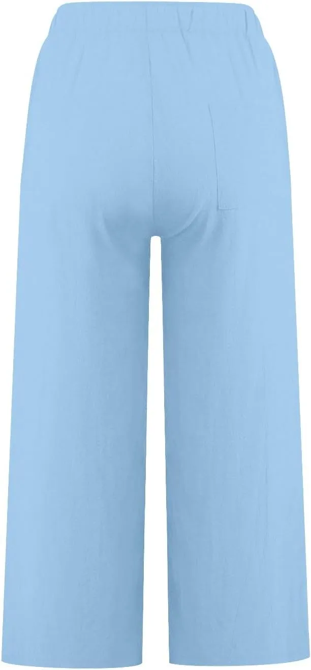 Cotton Linen Capri Pants for Women Wide Leg Cropped Pant Lounge Trouser Elastic Waist Summer Beach Vacation Outfits