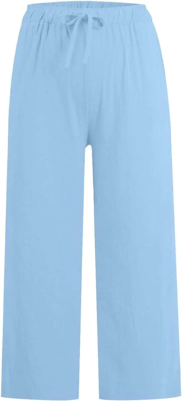 Cotton Linen Capri Pants for Women Wide Leg Cropped Pant Lounge Trouser Elastic Waist Summer Beach Vacation Outfits