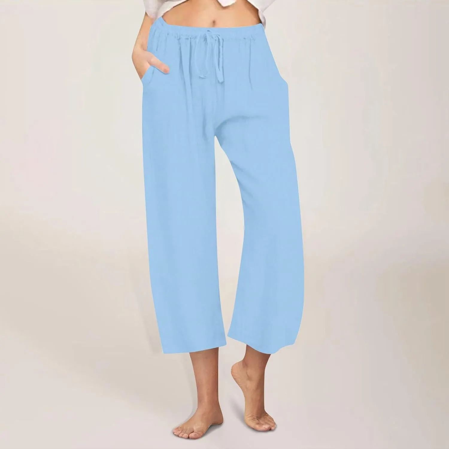 Cotton Linen Capri Pants for Women Wide Leg Cropped Pant Lounge Trouser Elastic Waist Summer Beach Vacation Outfits