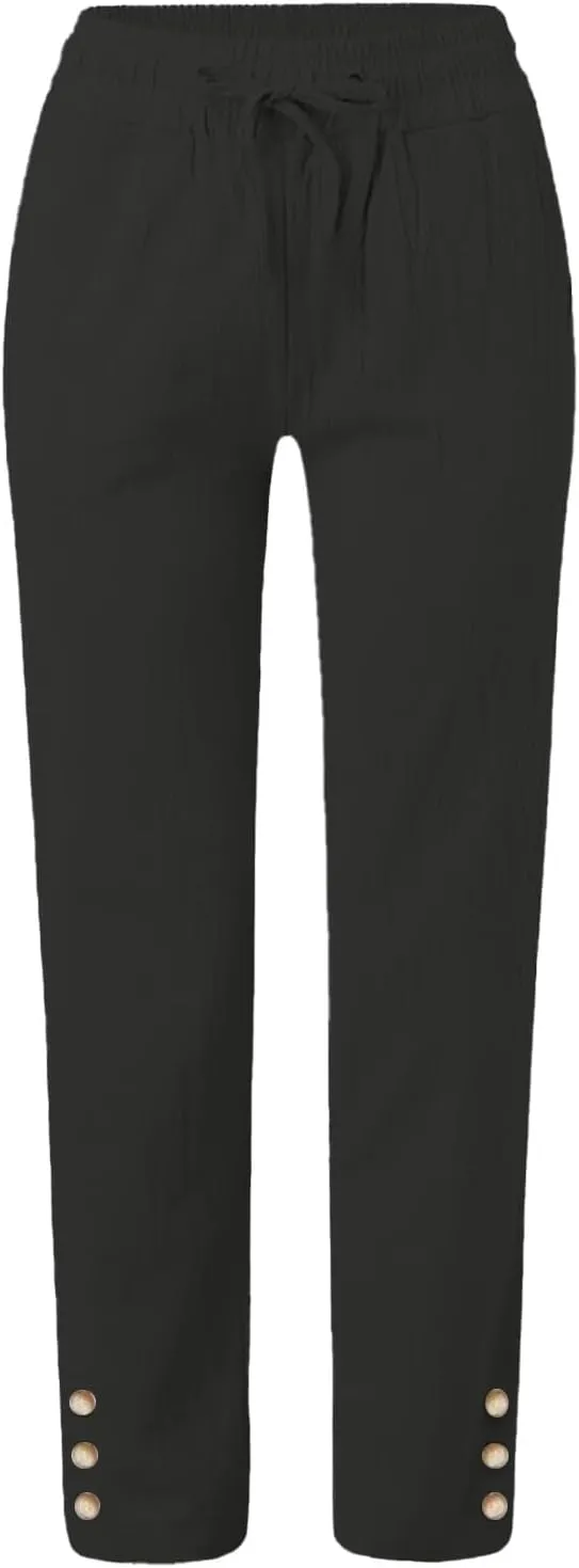 Cotton Linen Pants for Women 2025 Wide Leg Cropped Lounge Trousers Drawstring Elastic Waist Summer Beach Outfits