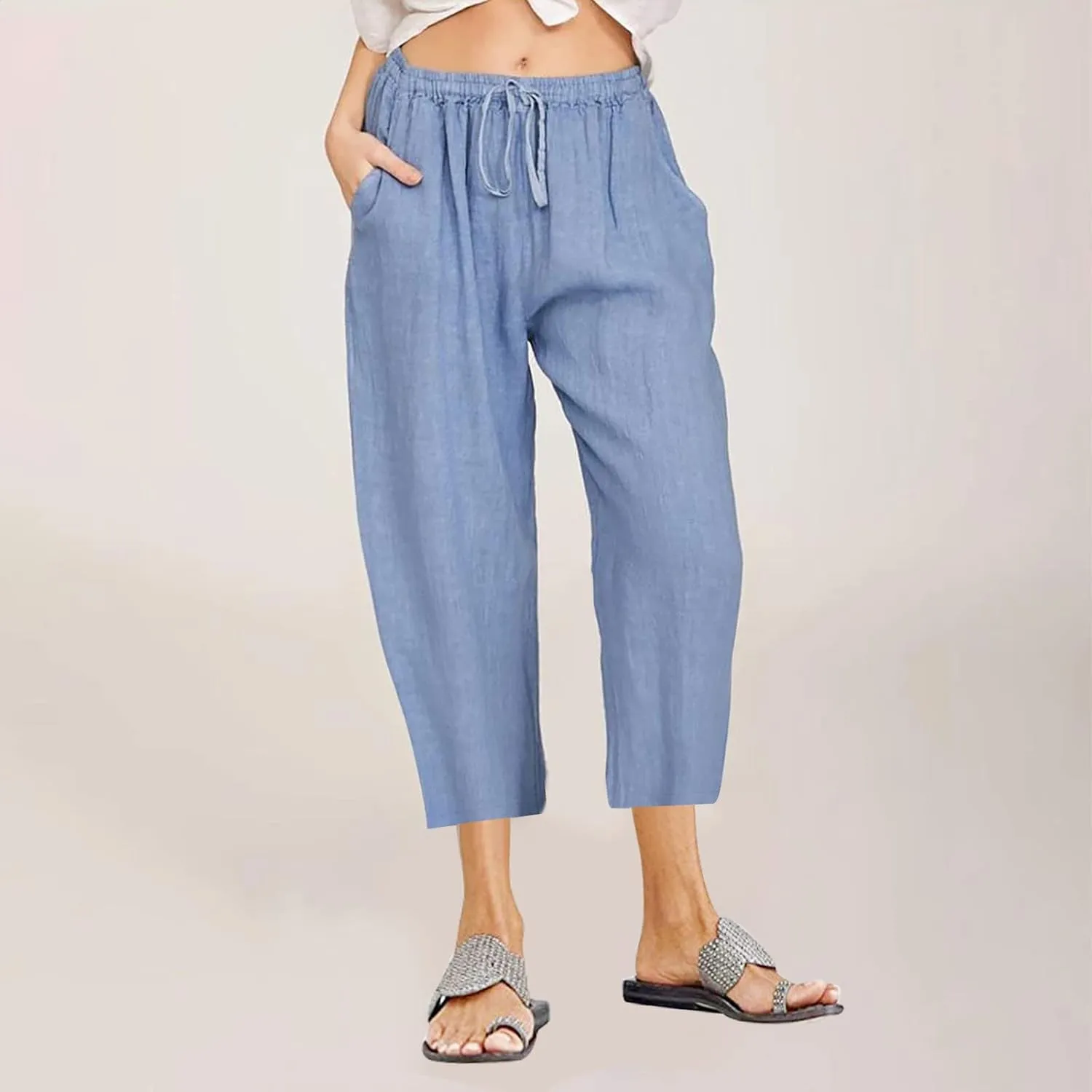 Cotton Linen Pants for Women 2025 Wide Leg Cropped Pant Drawstring Elastic Waist Lounge Trousers Summer Beach Outfits