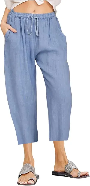 Cotton Linen Pants for Women 2025 Wide Leg Cropped Pant Drawstring Elastic Waist Lounge Trousers Summer Beach Outfits