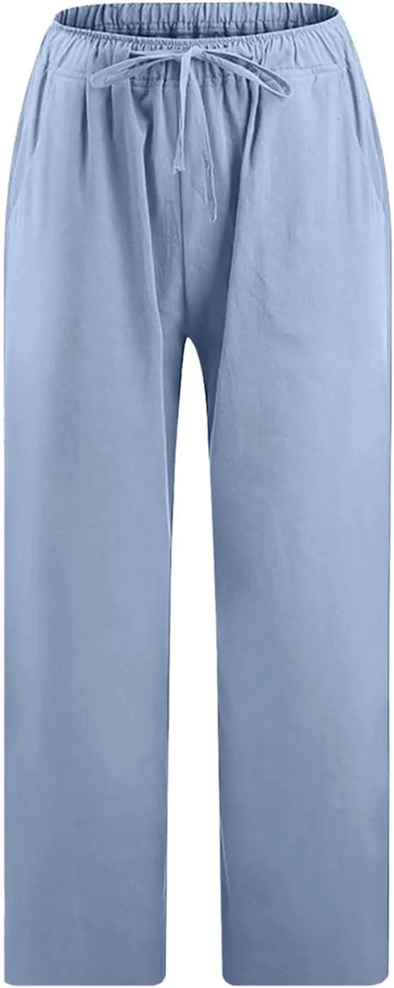 Cotton Linen Pants for Women 2025 Wide Leg Cropped Pant Drawstring Elastic Waist Lounge Trousers Summer Beach Outfits