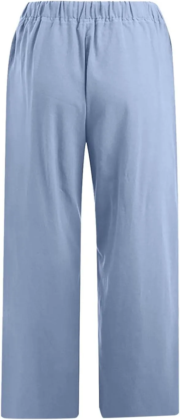 Cotton Linen Pants for Women 2025 Wide Leg Cropped Pant Drawstring Elastic Waist Lounge Trousers Summer Beach Outfits