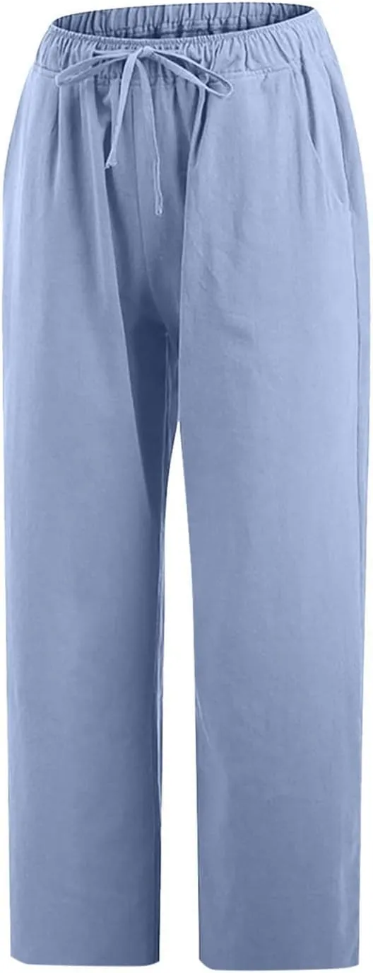 Cotton Linen Pants for Women 2025 Wide Leg Cropped Pant Drawstring Elastic Waist Lounge Trousers Summer Beach Outfits