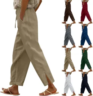 Cotton Linen Pants for Women Casual Drawstring Elastic Waist Summer Pants Boho Flowy Loose Beach Trousers with Pockets