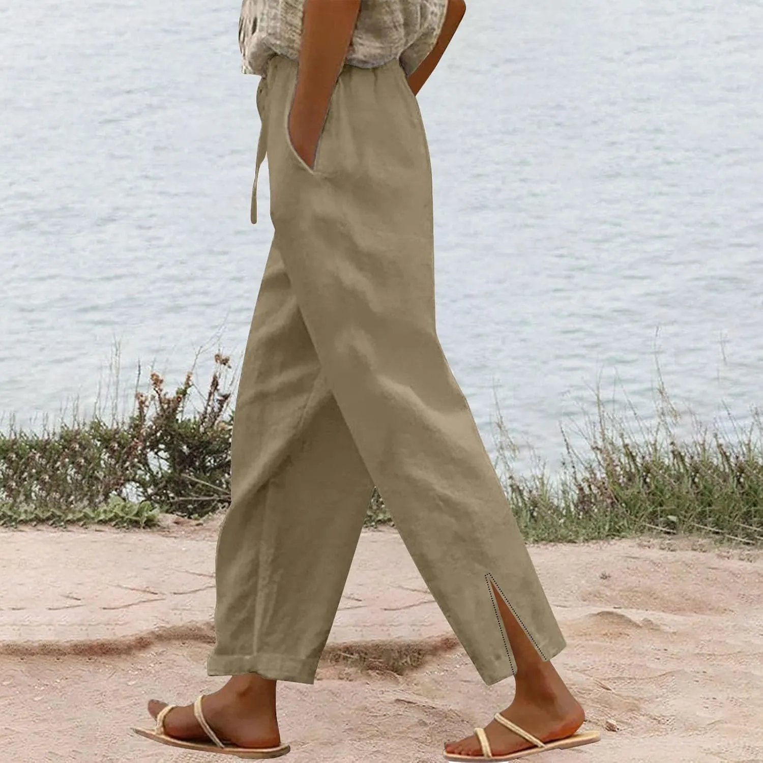 Cotton Linen Pants for Women Casual Drawstring Elastic Waist Summer Pants Boho Flowy Loose Beach Trousers with Pockets