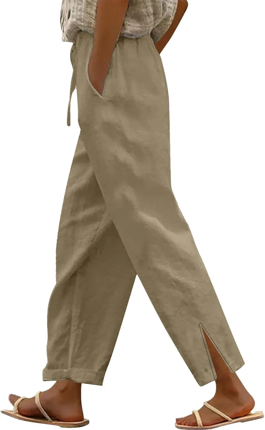 Cotton Linen Pants for Women Casual Drawstring Elastic Waist Summer Pants Boho Flowy Loose Beach Trousers with Pockets