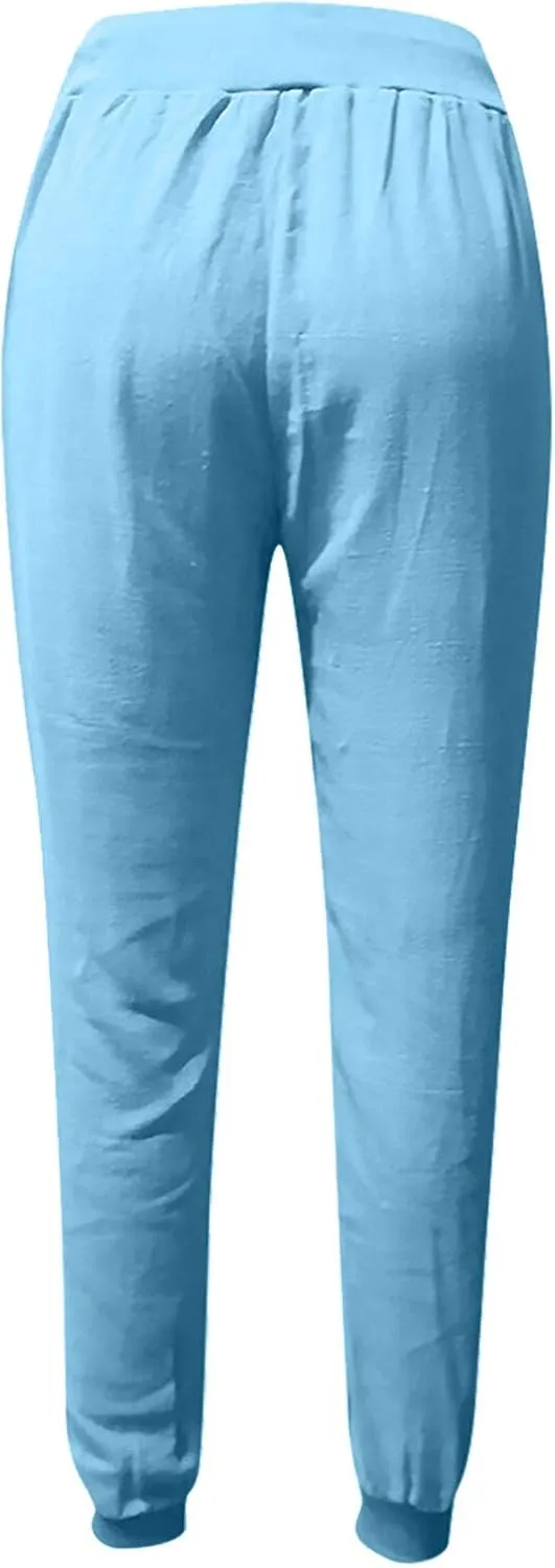 Cotton Linen Pants for Women Drawstring Elastic Waist Tapered Trousers Summer Casual Beach Pant with Pockets