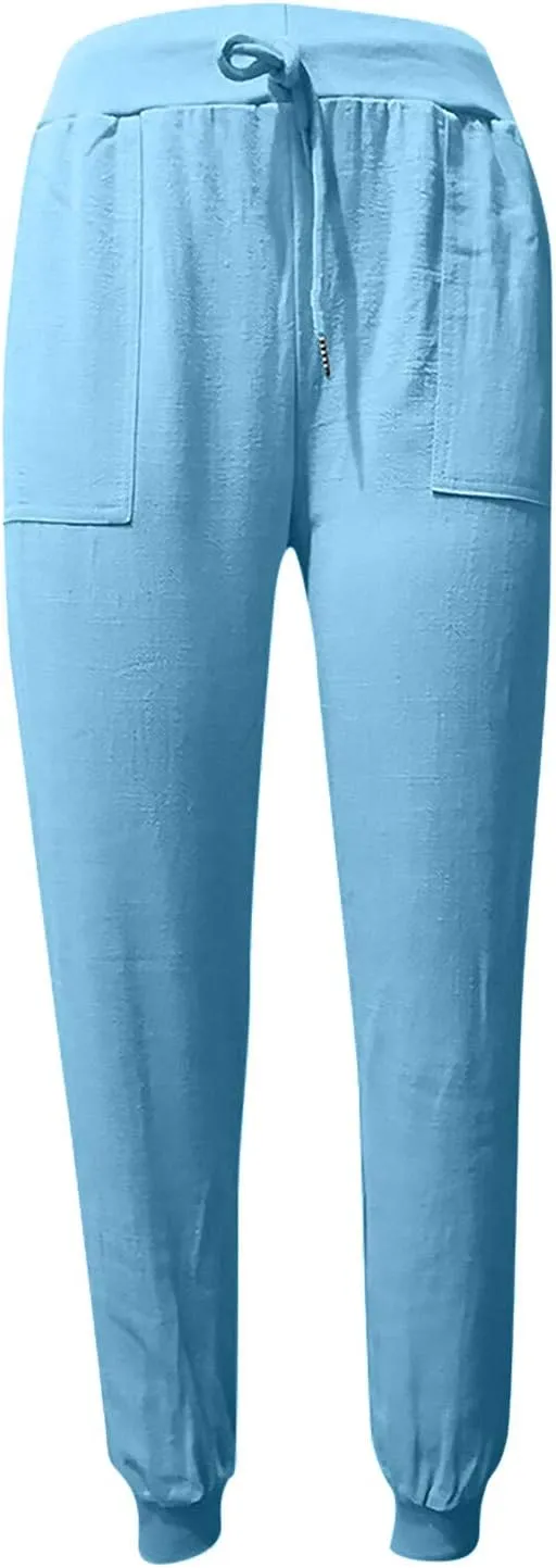 Cotton Linen Pants for Women Drawstring Elastic Waist Tapered Trousers Summer Casual Beach Pant with Pockets