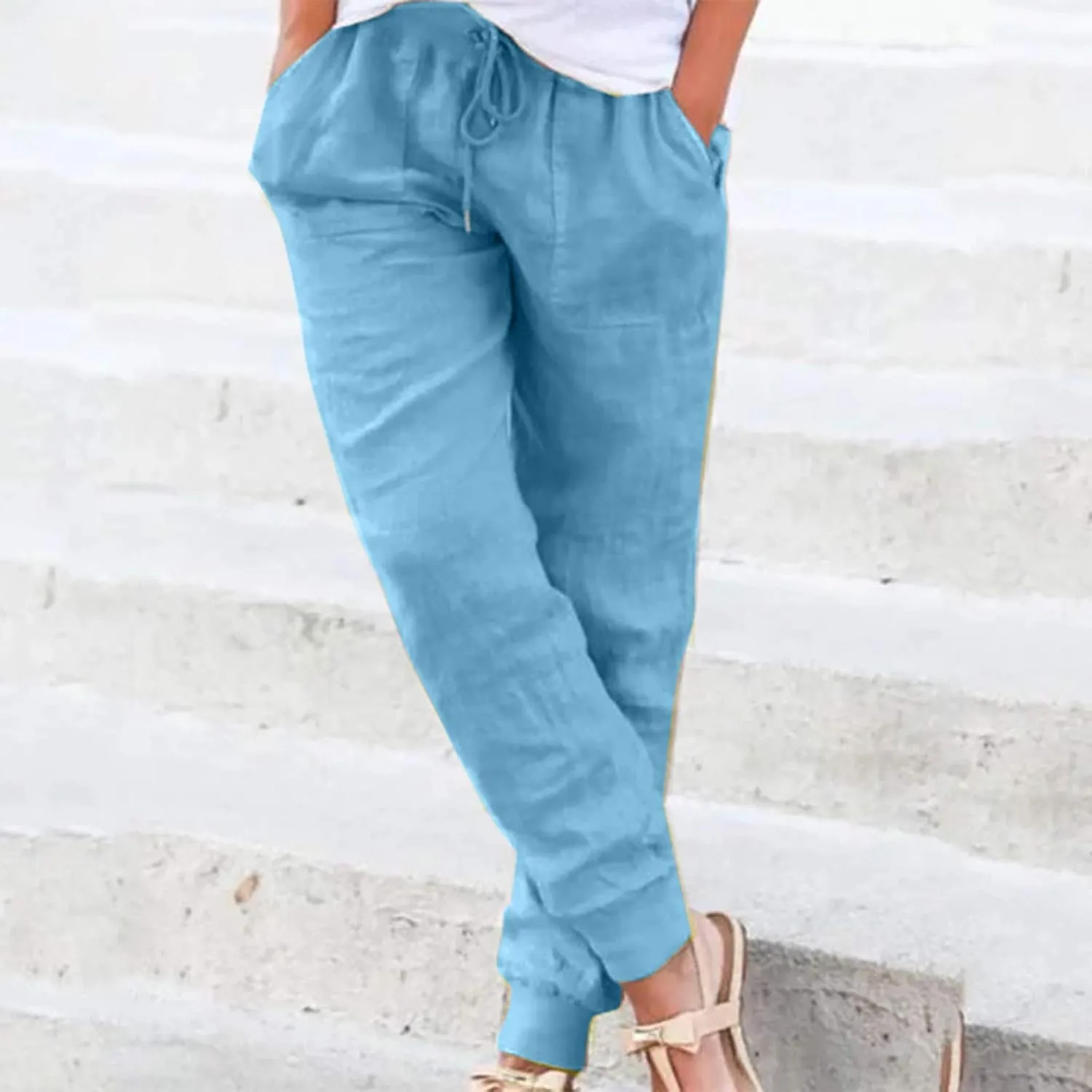 Cotton Linen Pants for Women Drawstring Elastic Waist Tapered Trousers Summer Casual Beach Pant with Pockets