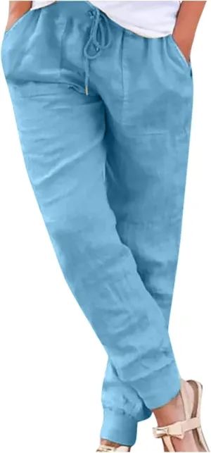 Cotton Linen Pants for Women Drawstring Elastic Waist Tapered Trousers Summer Casual Beach Pant with Pockets