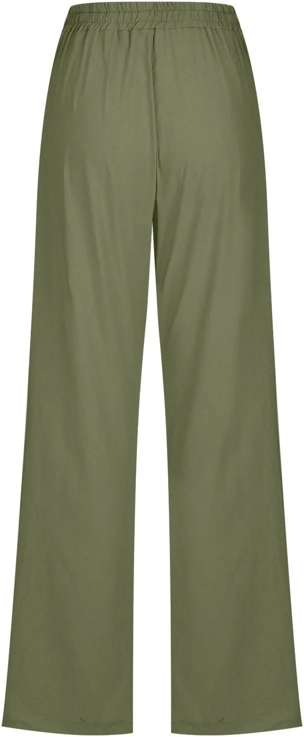 Cotton Linen Pants for Women Drawstring Straight Leg Trousers Lightweight High Waist Casual Pant Beach Travel Clothes