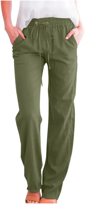Cotton Linen Pants for Women Drawstring Straight Leg Trousers Lightweight High Waist Casual Pant Beach Travel Clothes