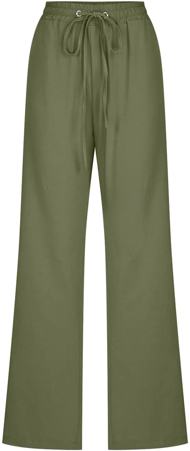 Cotton Linen Pants for Women Drawstring Straight Leg Trousers Lightweight High Waist Casual Pant Beach Travel Clothes