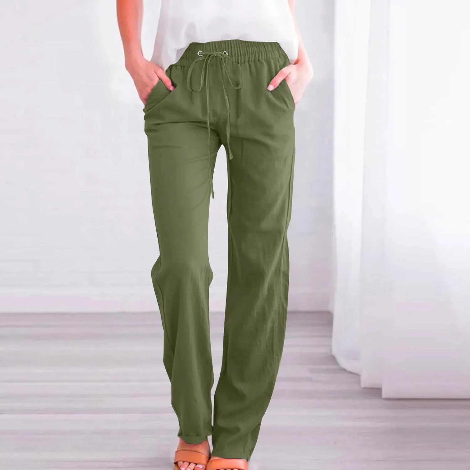 Cotton Linen Pants for Women Drawstring Straight Leg Trousers Lightweight High Waist Casual Pant Beach Travel Clothes