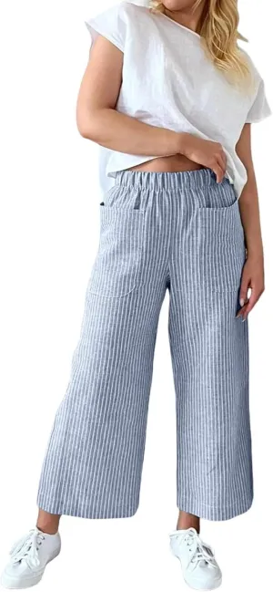 Cotton Striped Linen Pants for Women Loose Fit Summer 2025 with Pocket Wide Leg Trousers Casual Beach Vacation Travel Pants
