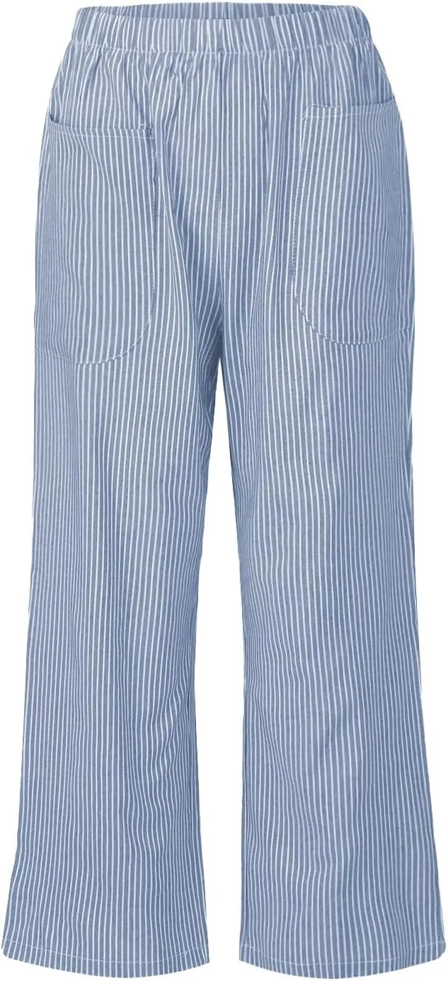 Cotton Striped Linen Pants for Women Loose Fit Summer 2025 with Pocket Wide Leg Trousers Casual Beach Vacation Travel Pants