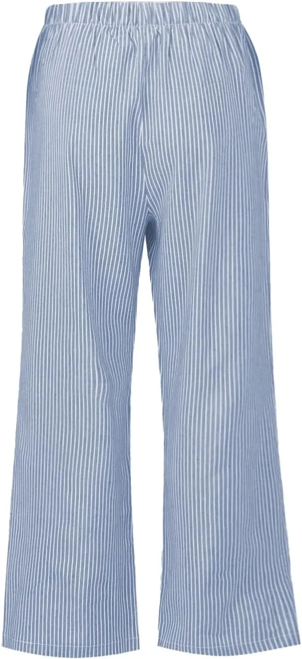 Cotton Striped Linen Pants for Women Loose Fit Summer 2025 with Pocket Wide Leg Trousers Casual Beach Vacation Travel Pants