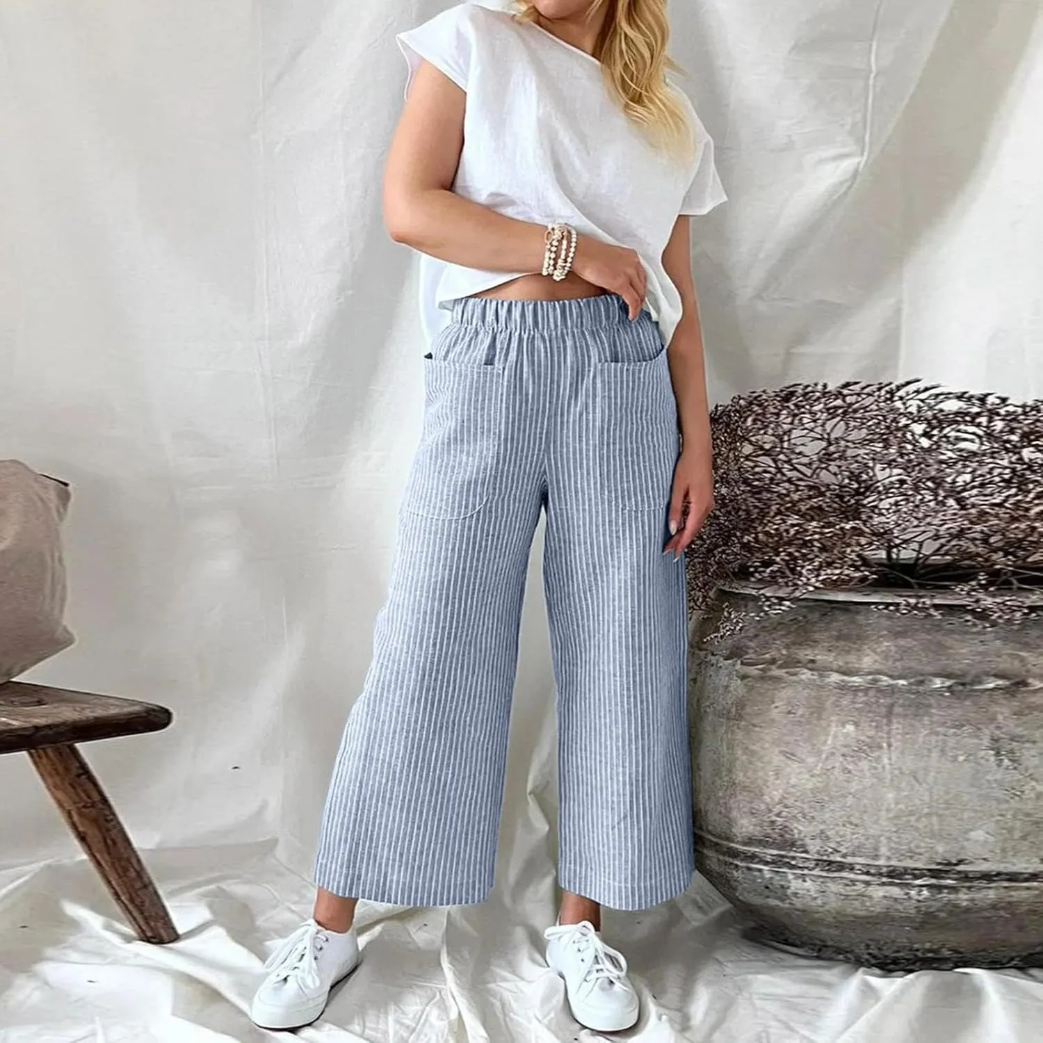 Cotton Striped Linen Pants for Women Loose Fit Summer 2025 with Pocket Wide Leg Trousers Casual Beach Vacation Travel Pants