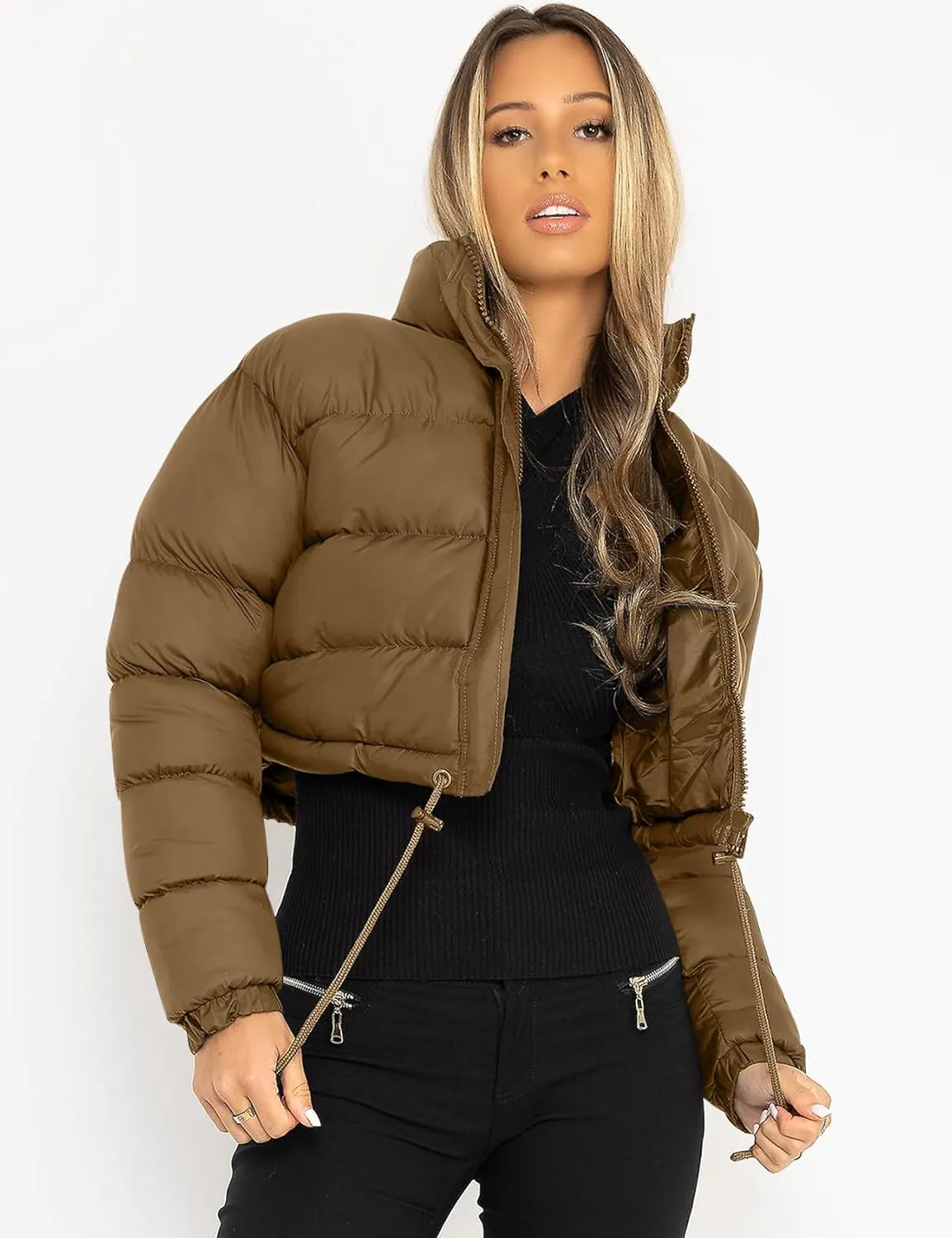 COZYPOIN Women Quilted Down Jacket Stand Collar Long Sleeve Zipper Cropped Puffer Jacket Coat