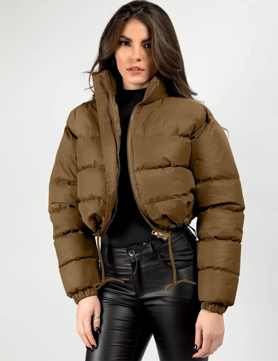 COZYPOIN Women Quilted Down Jacket Stand Collar Long Sleeve Zipper Cropped Puffer Jacket Coat