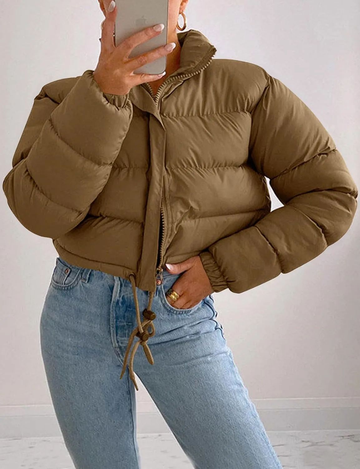 COZYPOIN Women Quilted Down Jacket Stand Collar Long Sleeve Zipper Cropped Puffer Jacket Coat