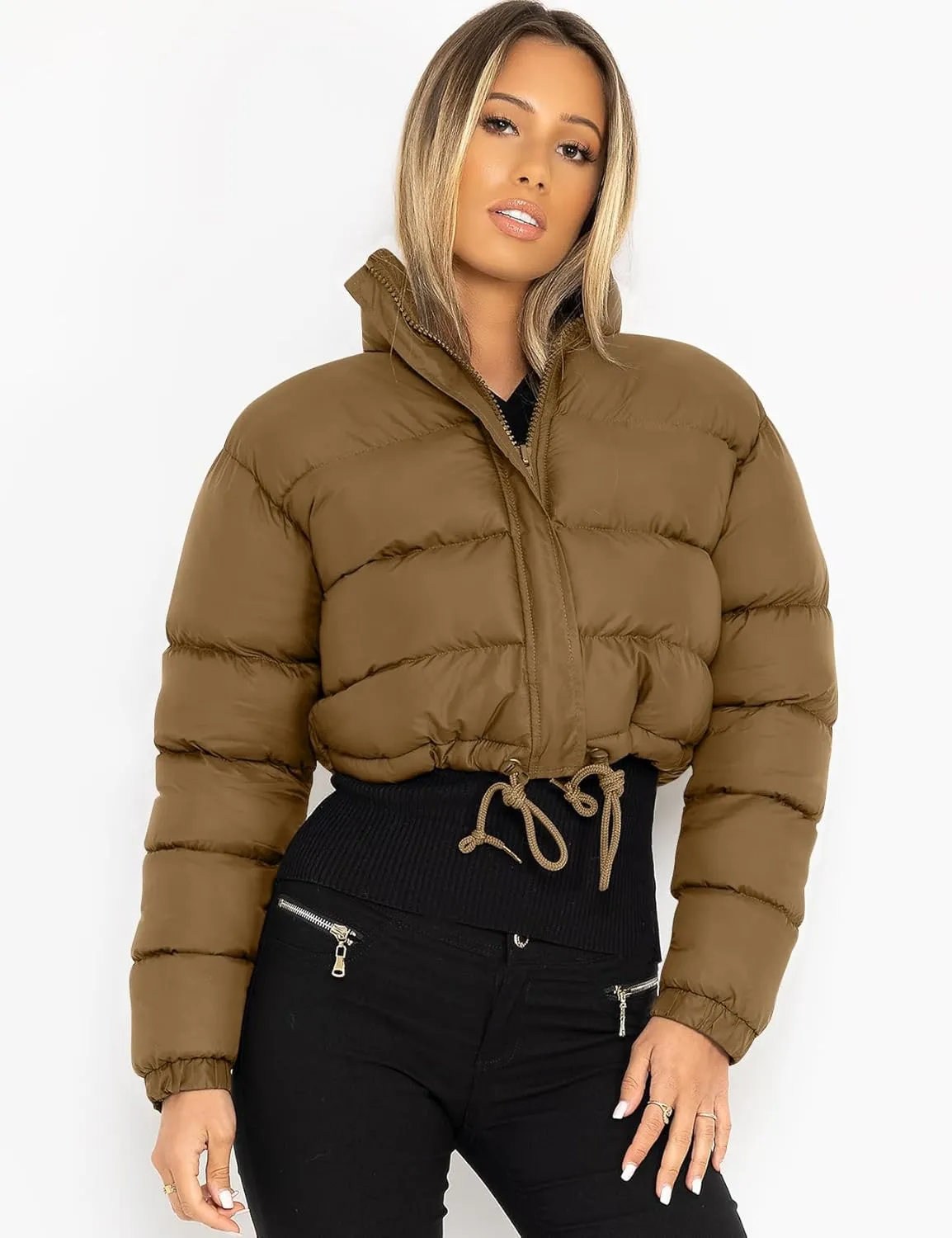 COZYPOIN Women Quilted Down Jacket Stand Collar Long Sleeve Zipper Cropped Puffer Jacket Coat