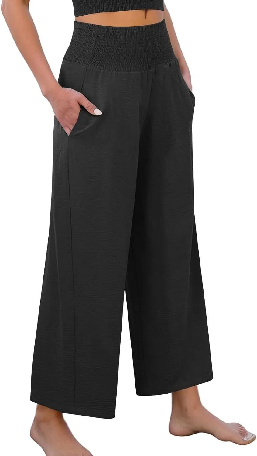 Cropped Linen Pants Women Smocked Elastic Waisted Wide Leg Pants Summer Loose Beach Palazzo Lounge Pant with Pockets