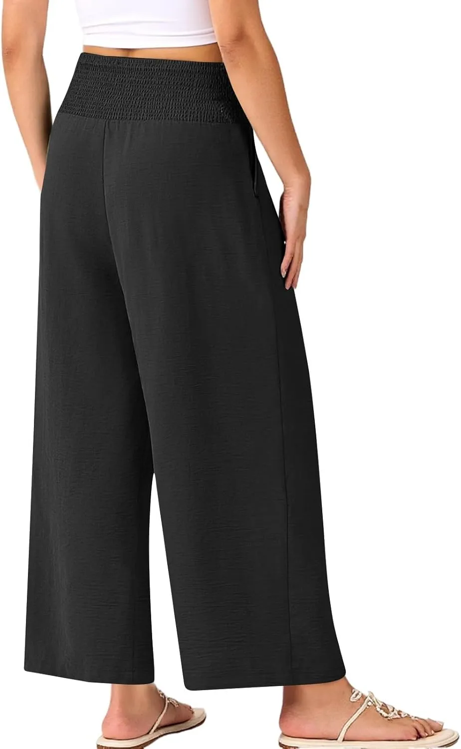 Cropped Linen Pants Women Smocked Elastic Waisted Wide Leg Pants Summer Loose Beach Palazzo Lounge Pant with Pockets