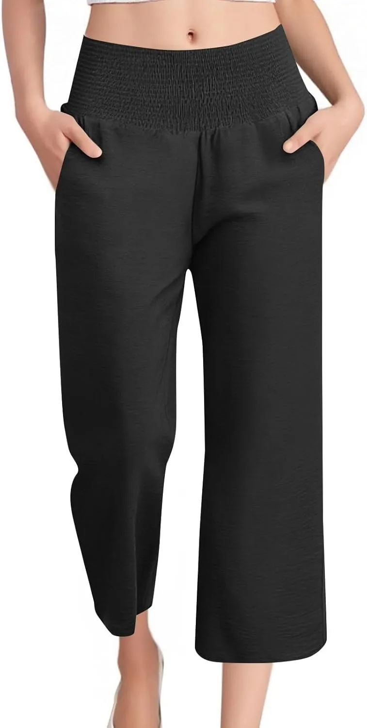 Cropped Linen Pants Women Smocked Elastic Waisted Wide Leg Pants Summer Loose Beach Palazzo Lounge Pant with Pockets