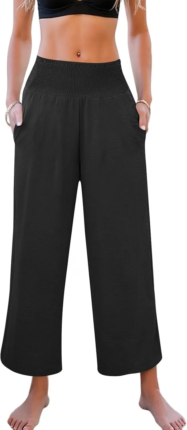 Cropped Linen Pants Women Smocked Elastic Waisted Wide Leg Pants Summer Loose Beach Palazzo Lounge Pant with Pockets