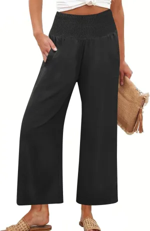 Cropped Linen Pants Women Smocked Elastic Waisted Wide Leg Pants Summer Loose Beach Palazzo Lounge Pant with Pockets