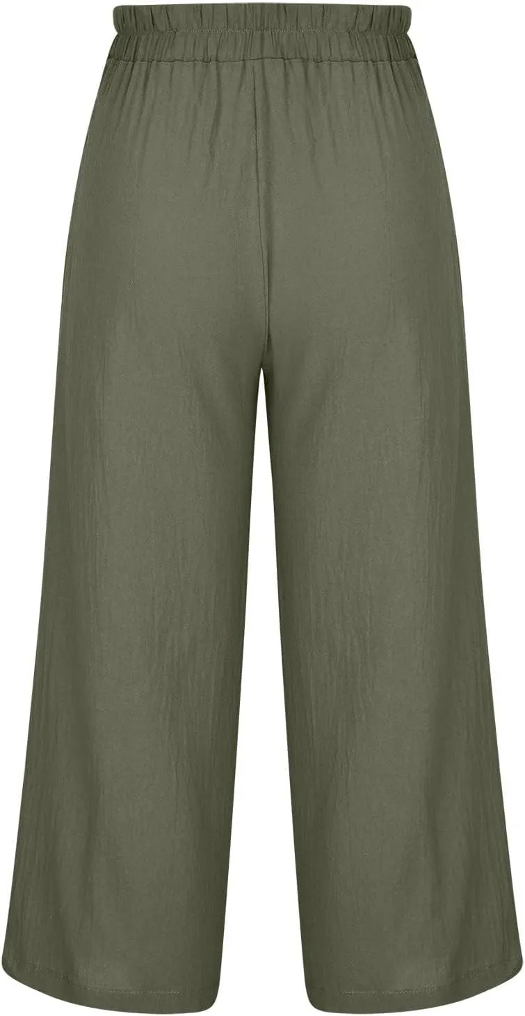 Cropped Linen Pants Women Wide Leg Summer Casual Loose Elastic Waist Trouser Solid Basic Lounge Pants with Pockets