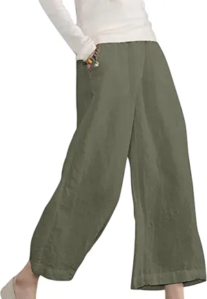 Cropped Linen Pants Women Wide Leg Summer Casual Loose Elastic Waist Trouser Solid Basic Lounge Pants with Pockets