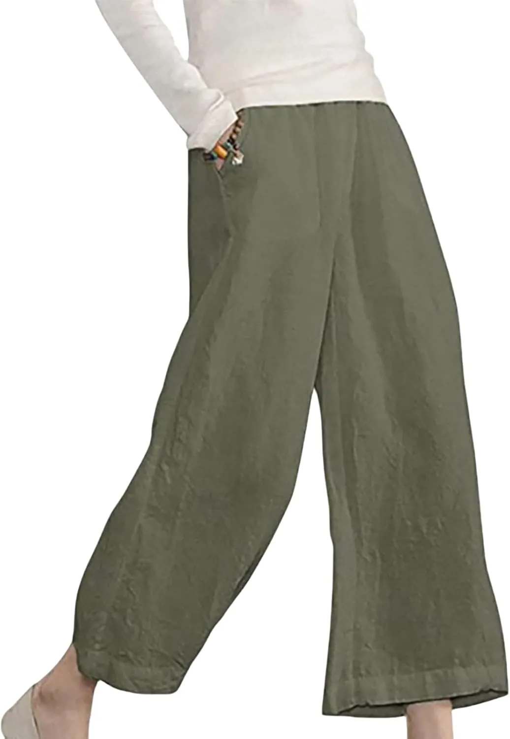 Cropped Linen Pants Women Wide Leg Summer Casual Loose Elastic Waist Trouser Solid Basic Lounge Pants with Pockets