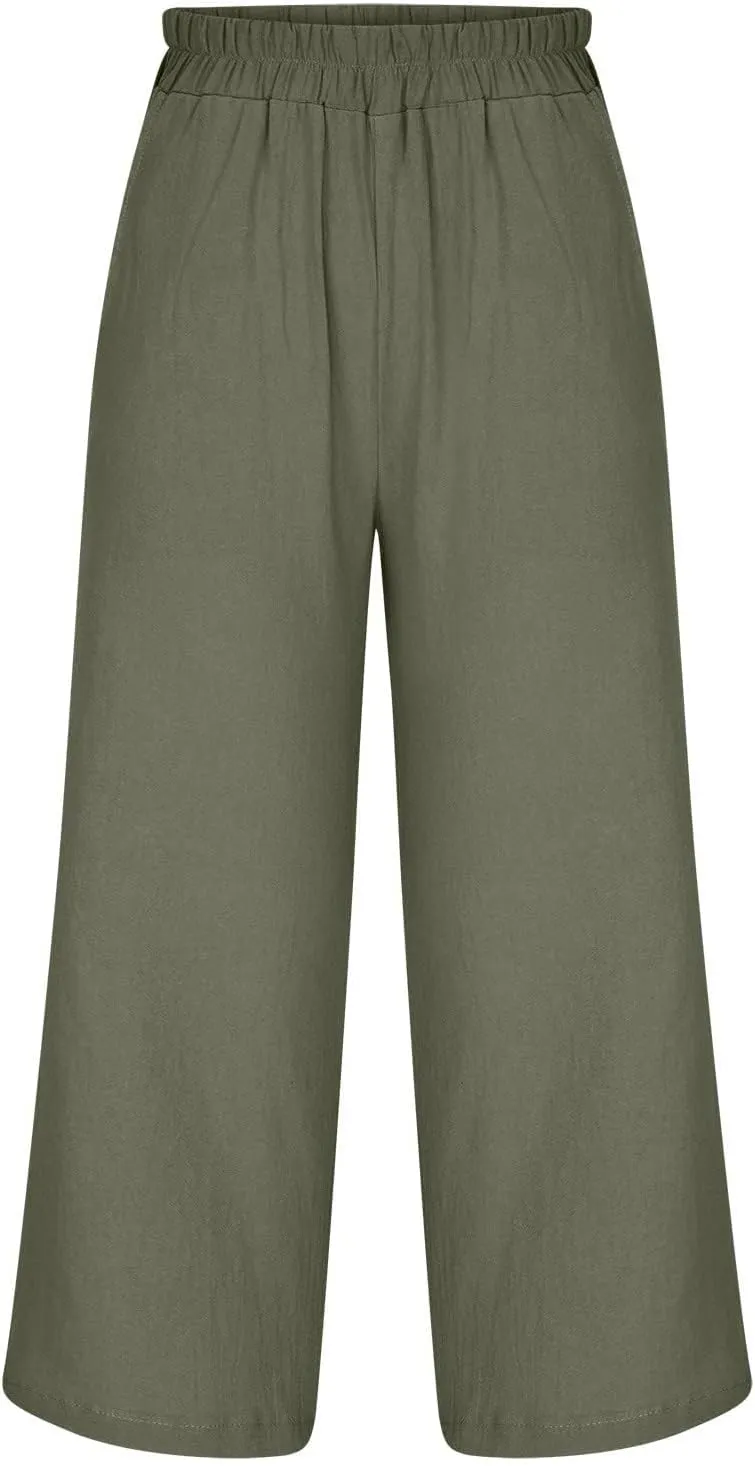 Cropped Linen Pants Women Wide Leg Summer Casual Loose Elastic Waist Trouser Solid Basic Lounge Pants with Pockets