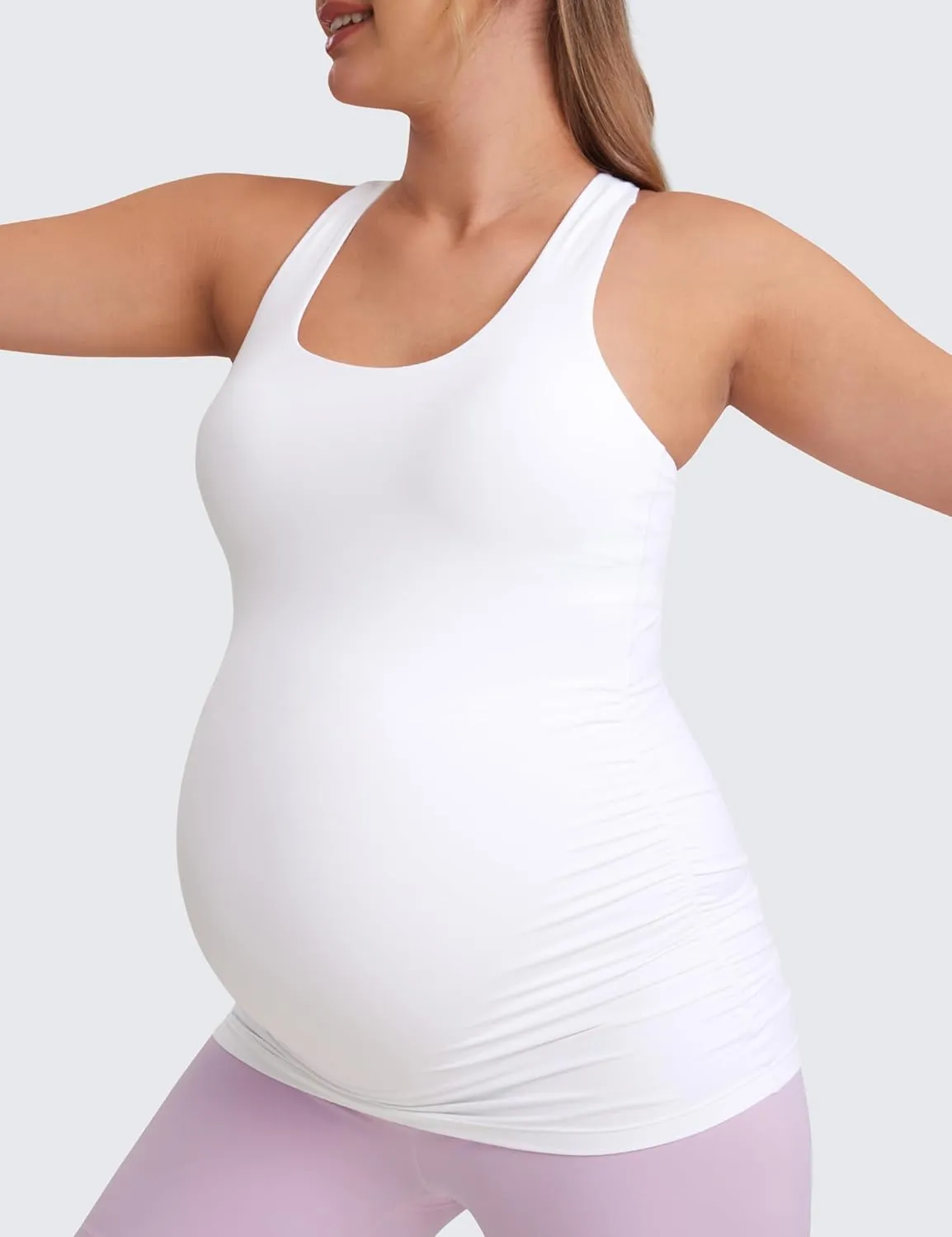 CRZ YOGA Butterluxe Womens Racerback Maternity Tank Tops Ruched Sleeveless Pregnancy Yoga Tee with Built in Bra Workout Shirt