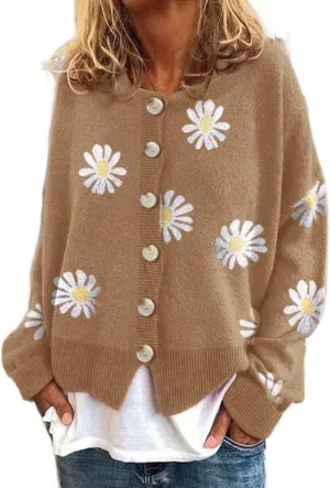 Cute Daisy Flower Knit Cardigan Sweaters for Women Button Down Open Front Aesthetic 90s Sweater Plus Size Outwear
