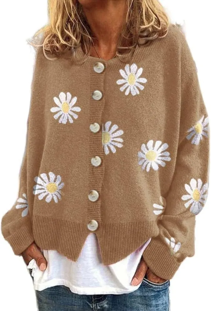 Cute Daisy Flower Knit Cardigan Sweaters for Women Button Down Open Front Aesthetic 90s Sweater Plus Size Outwear