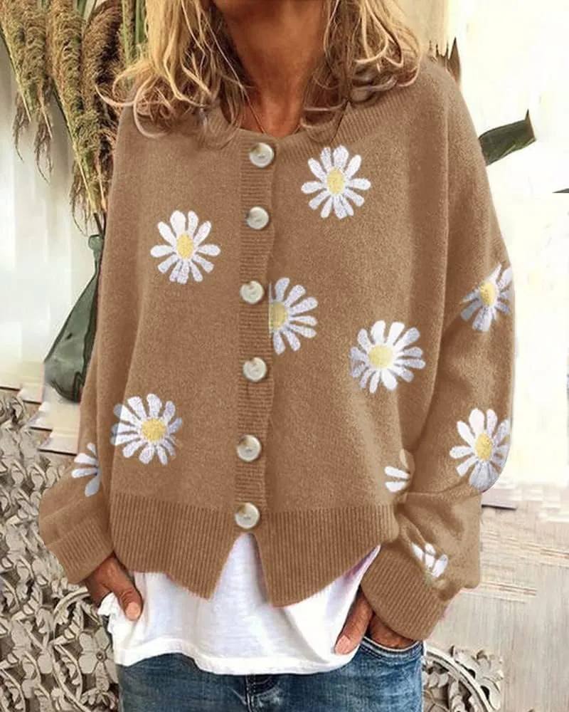 Cute Daisy Flower Knit Cardigan Sweaters for Women Button Down Open Front Aesthetic 90s Sweater Plus Size Outwear