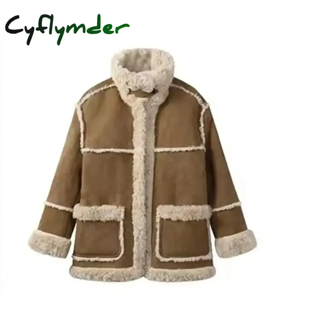 Cyflymder Winter Warm Overcoats Women Outwear Casual Y2k Office Lady Vintage Faux Fur Wool Coat Ladies Korean Fashion Khaki Jackets Chic