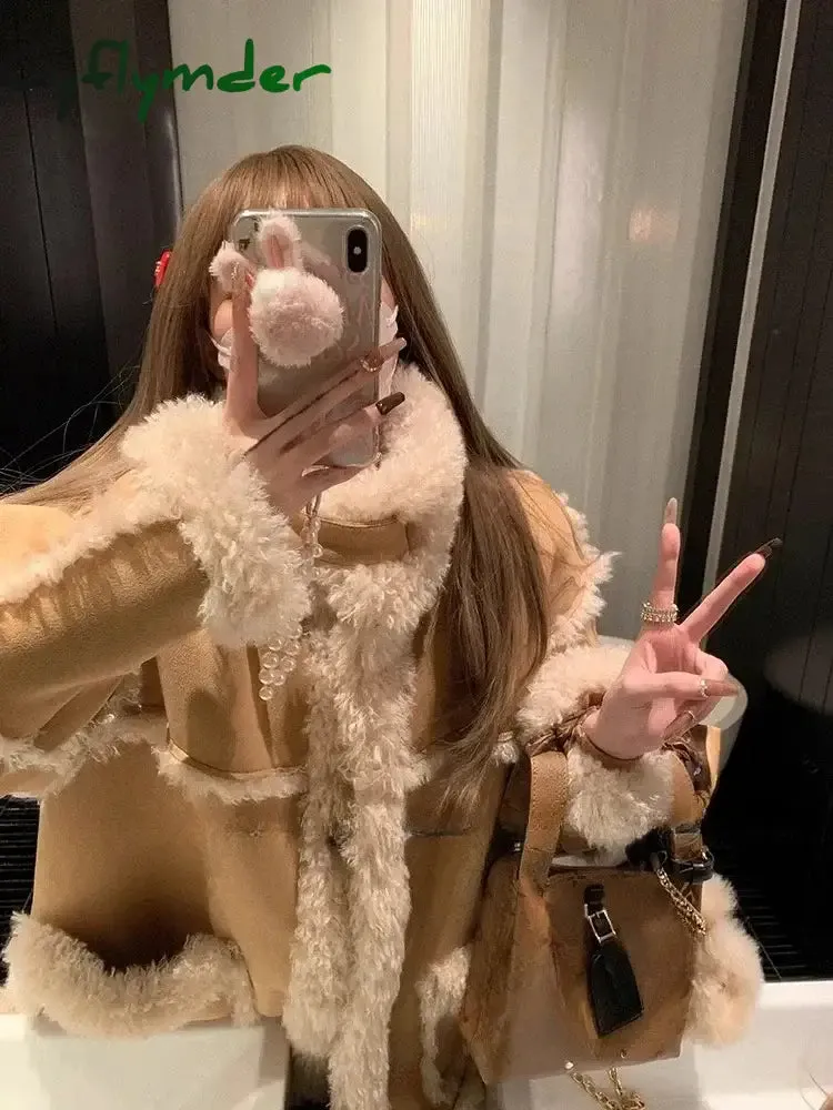 Cyflymder Winter Warm Overcoats Women Outwear Casual Y2k Office Lady Vintage Faux Fur Wool Coat Ladies Korean Fashion Khaki Jackets Chic