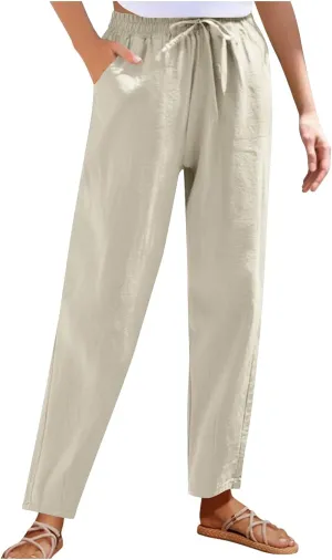 DDAPJ pyju Women High Waisted Linen Pants 2025 Summer Casual Drawstring Waist Pants Wide Leg Trousers with Pockets