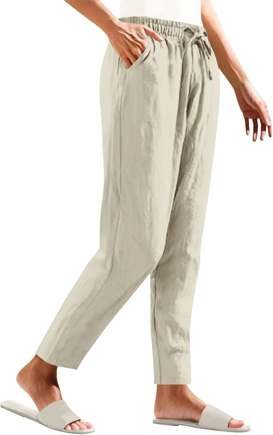 DDAPJ pyju Women High Waisted Linen Pants 2025 Summer Casual Drawstring Waist Pants Wide Leg Trousers with Pockets