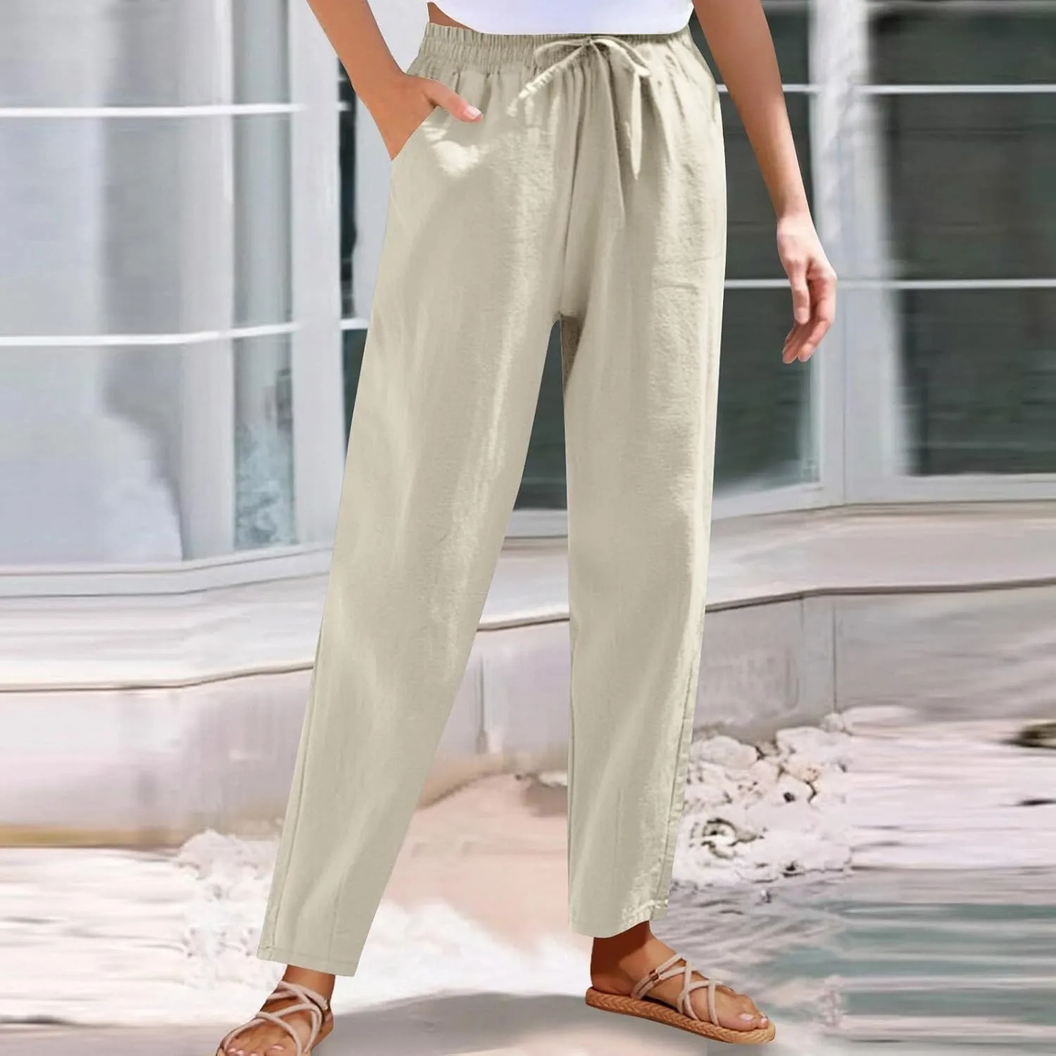 DDAPJ pyju Women High Waisted Linen Pants 2025 Summer Casual Drawstring Waist Pants Wide Leg Trousers with Pockets
