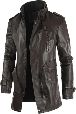 DGHM-JLMY Leather Coats For Men Fall Winter Style Long Leather Jacket Vintage Leisure Stand Collar Windbreaker Coat