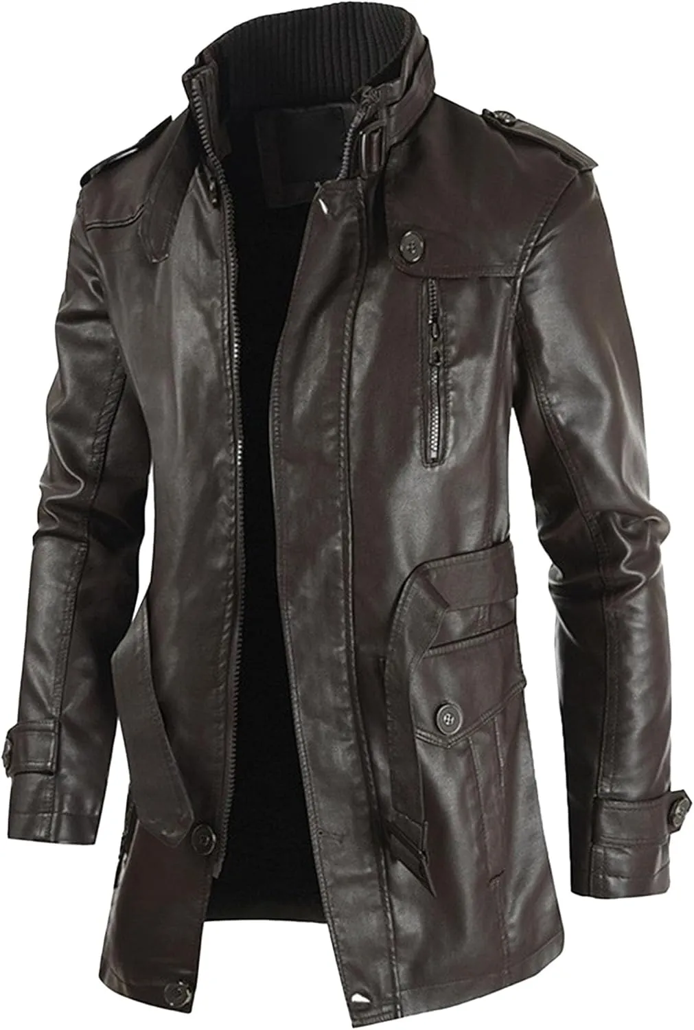 DGHM-JLMY Leather Coats For Men Fall Winter Style Long Leather Jacket Vintage Leisure Stand Collar Windbreaker Coat